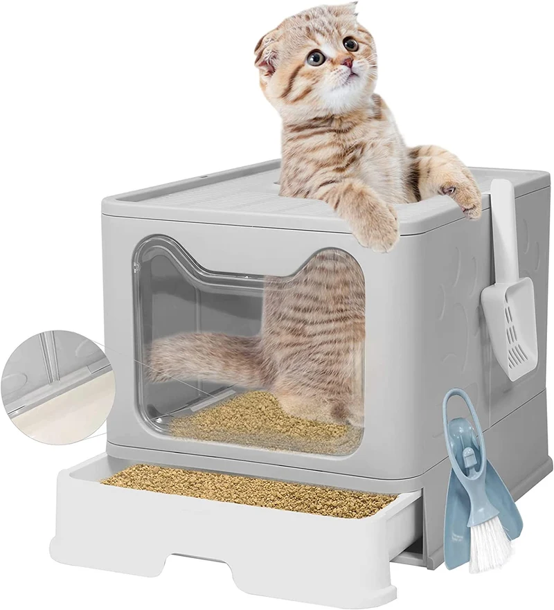 Large Foldable Top-Entry Cat Litter Box with Scoop (Gray)