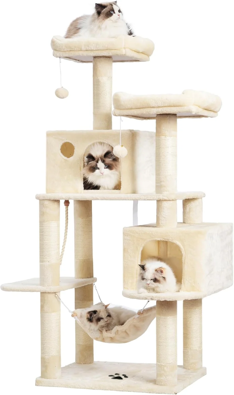 Large Multi-Level Cat Tree Condo with Hammock (Beige)