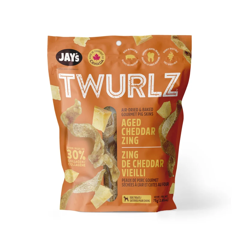 Jay's Twurlz, Peaux De Porc Séchées à L'air Pour Chien, Cheddar Vieilli 75g