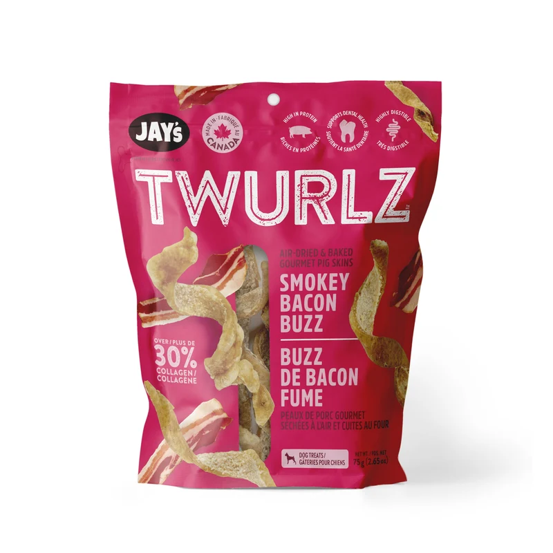 Jay's Twurlz, Peaux De Porc Séchées à L'air Pour Chien, Bacon Fumé 75g