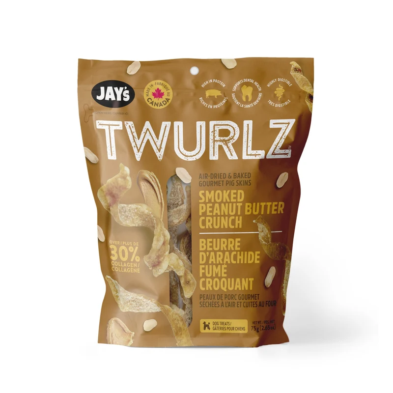 Jay's Twurlz, Peaux De Porc Séchées à L'air Pour Chien, Beurre D'arachides Fumé 75g