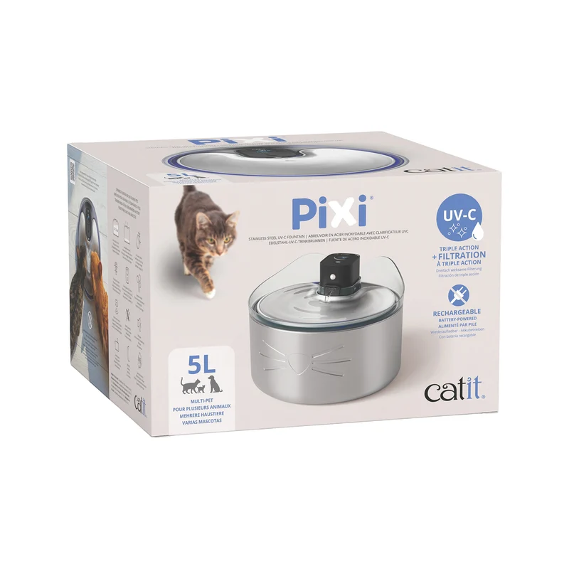 Abreuvoir sans fil Catit PIXI en acier inoxydable avec clarificateur UVC, 5 L (1,3 gal)