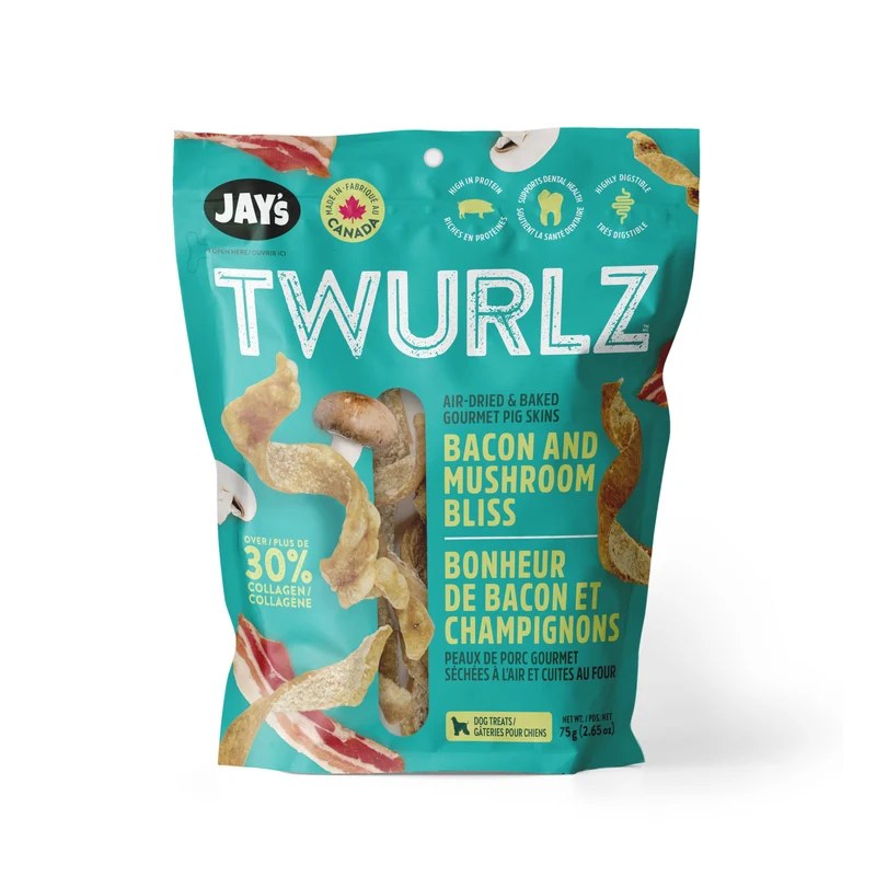 Jay's Twurlz, Peaux De Porc Séchées à L'air Pour Chien, Bacon & Champignons 75g