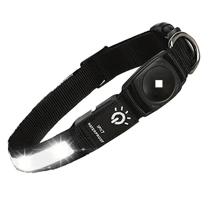 Waterproof LED Dog Collar with AirTag Pocket – Black | S, M & L