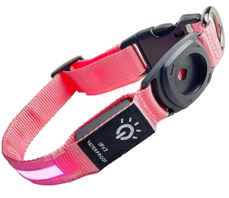 Waterproof LED Dog Collar with AirTag Pocket – Pink | S, M & L