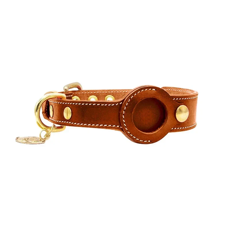 Luxury Leather Dog Collar with AirTag Pocket – Brown | Small, Medium & Large