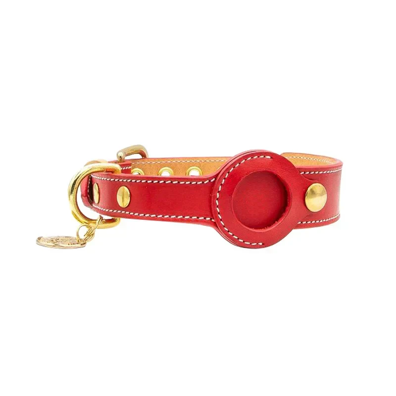 Luxury Leather Dog Collar with AirTag Pocket – Red | S, M & L