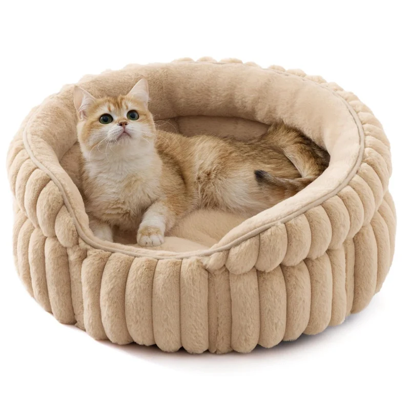Fluffy Round Cat Bed – Beige, 26in | Ultra-Soft Plush, Machine Washable, Anxiety-Reducing
