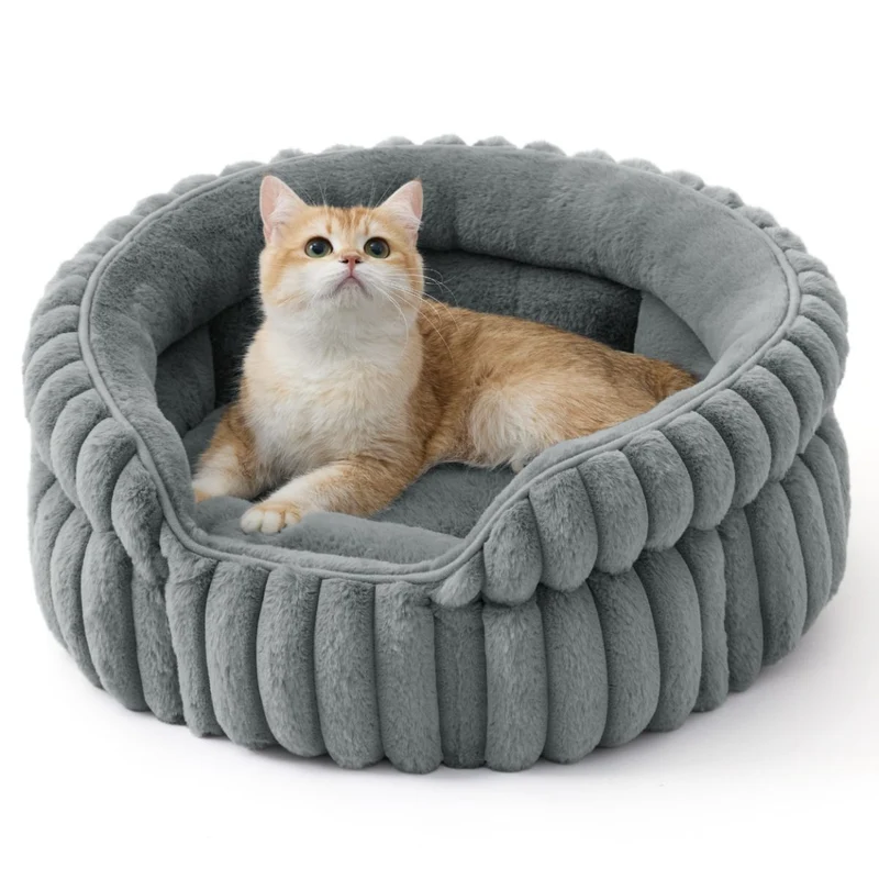 Fluffy Round Cat Bed – Navy, 26in | Ultra-Soft Plush, Machine Washable, Anxiety-Reducing