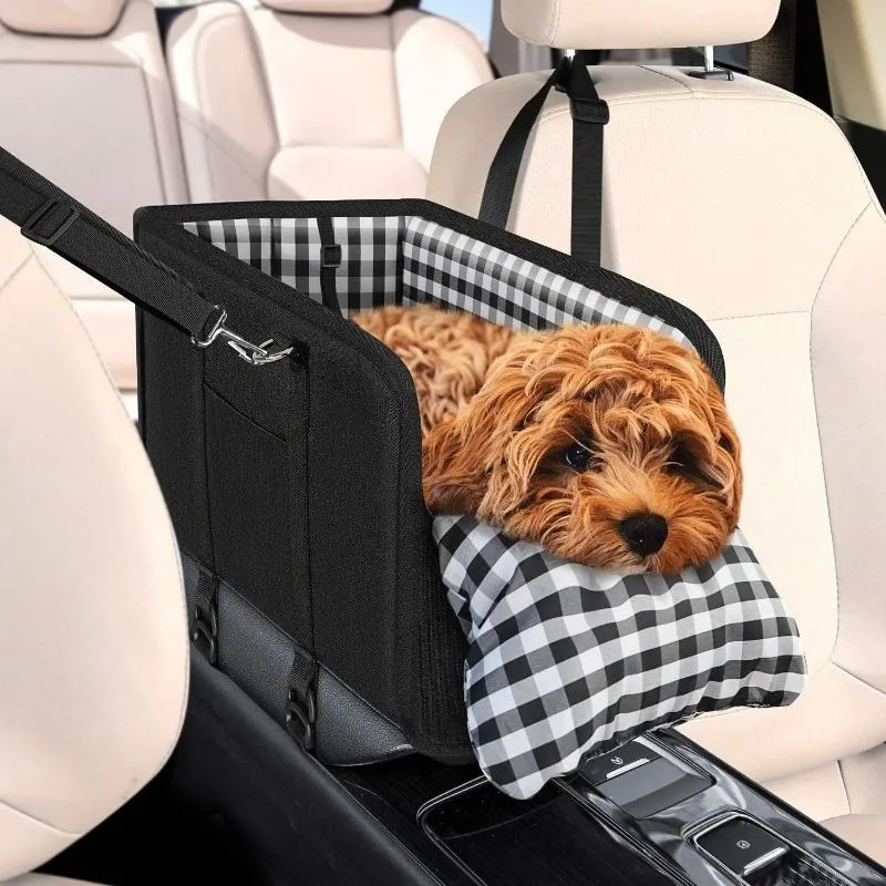 Portable Pet Car Seat for Small Dogs & Cats, Foldable Center Console Pet Bed with Safety Tether, Anti-Slip Bottom, and Removable Cushion for Safe and Comfortable Travel in SUVs, Sedans, and Vans (Black)