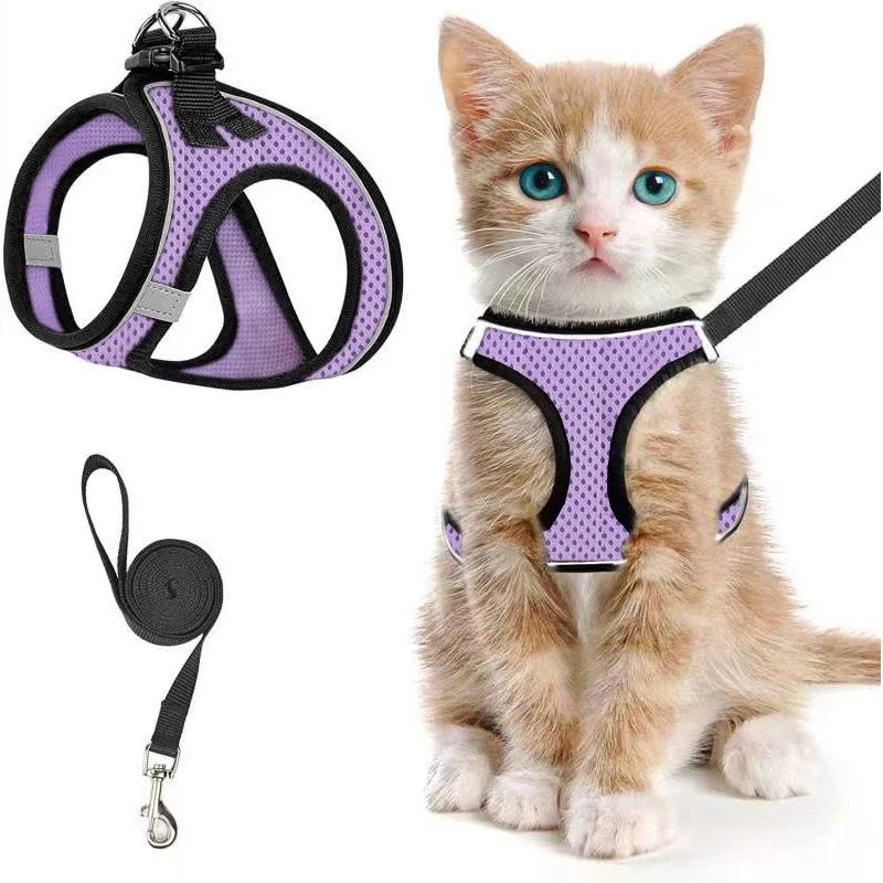 Cat Harness & Leash Set – Purple, M | Escape-Proof, Reflective, Breathable Mesh Vest