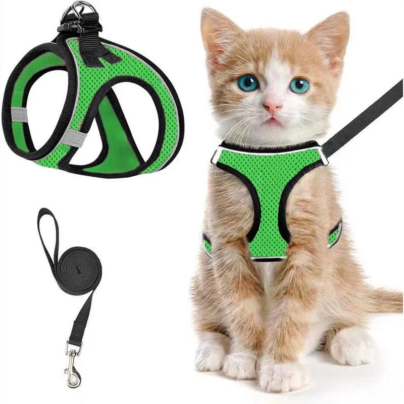 Escape-Proof Cat Harness and Leash Set with Reflective Soft Mesh Vest for Safe Outdoor Adventures with Your Feline Friend (M, Green)