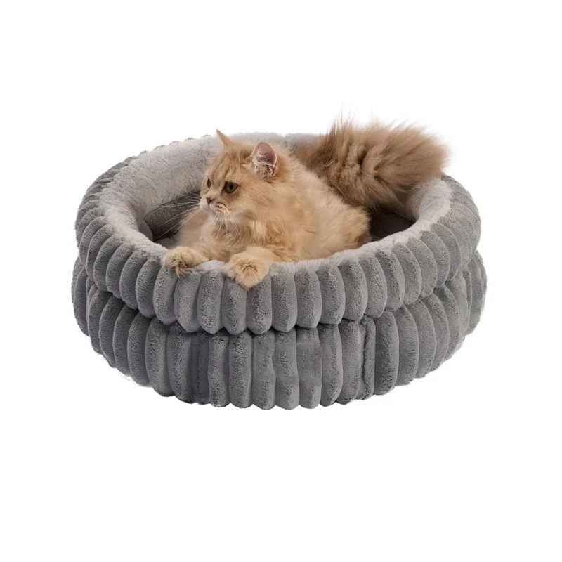 Donut Pet Bed – Grey | Self-Warming Plush Nest, 50x50x18cm, 1kg | Cats & Small Dogs