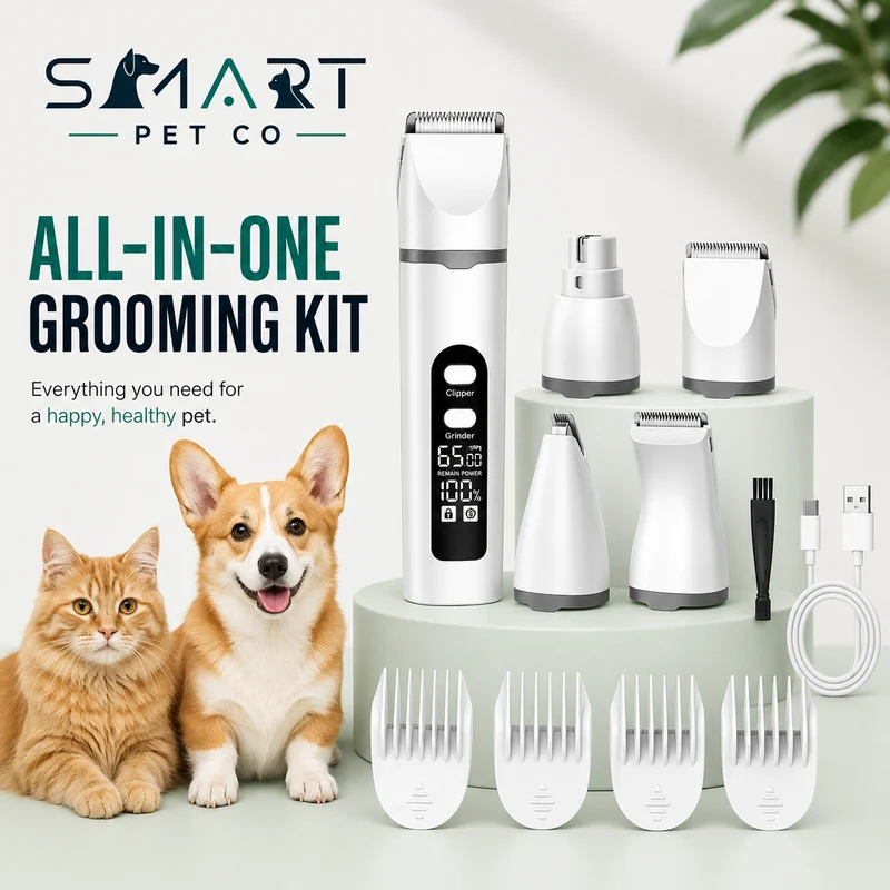 4-in-1 Pet Grooming Clipper & Nail Grinder Kit – Cordless, Low-Noise for Cats & Dogs