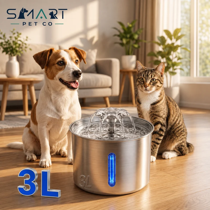 3L Stainless Steel Pet Water Fountain | Ultra-Quiet ≤30dB, 3-Stage Filter, Water Level Window