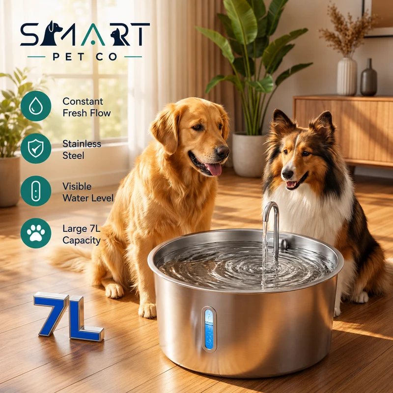 7L Stainless Steel Dog Water Fountain | 304 Steel, <40dB, 4-Stage Filter, Dishwasher Safe