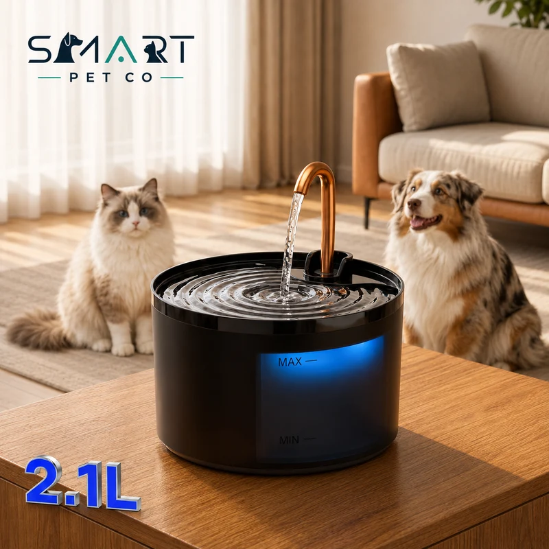 Cat Water Fountain 2.1L – Black | Brass Faucet, Dual Filtration, LED
