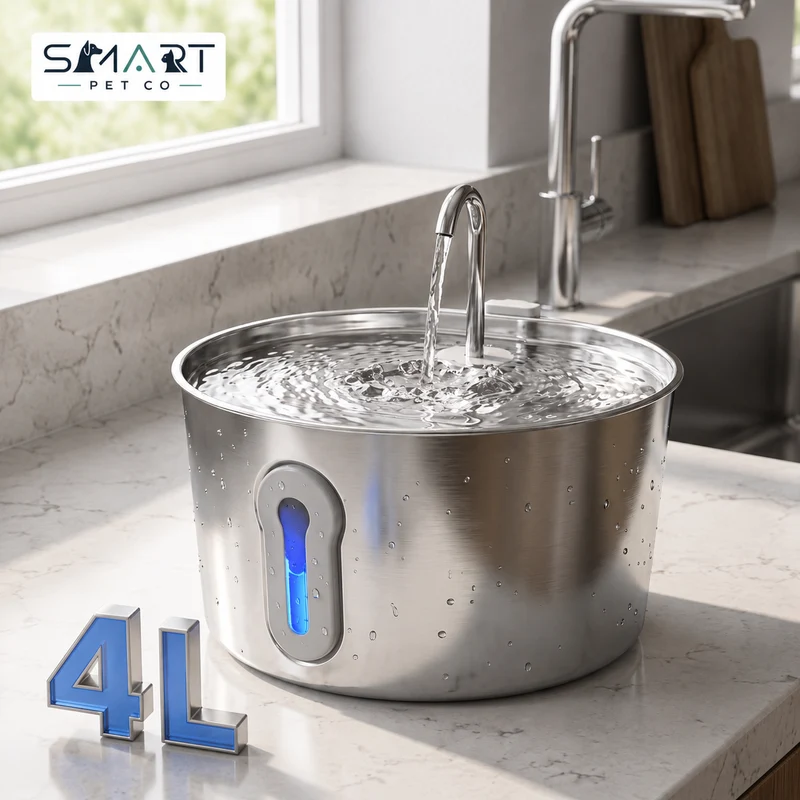 4L Stainless Steel Cat Water Fountain | SUS 304, Quadruple Filtration, Faucet Flow