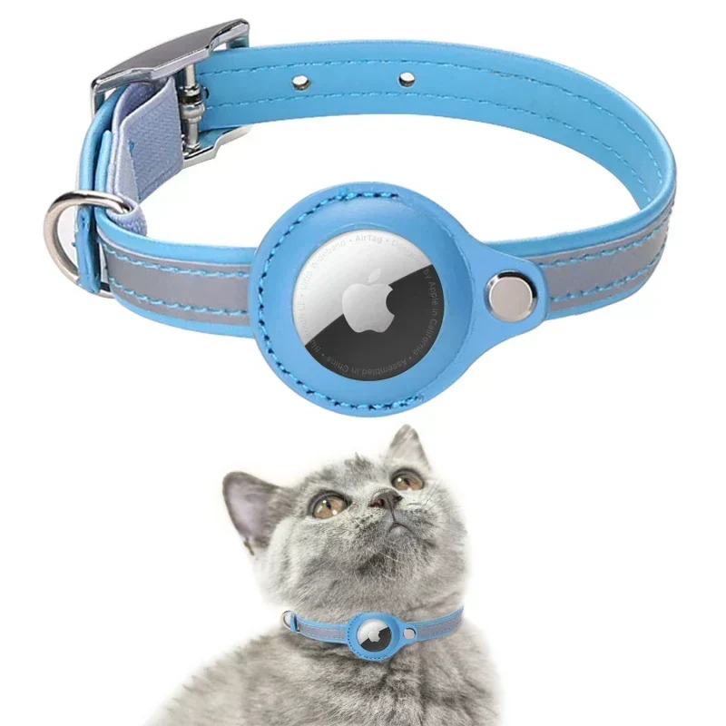 Reflective Leather Cat Collar with AirTag Holder – Adjustable, XS to M
