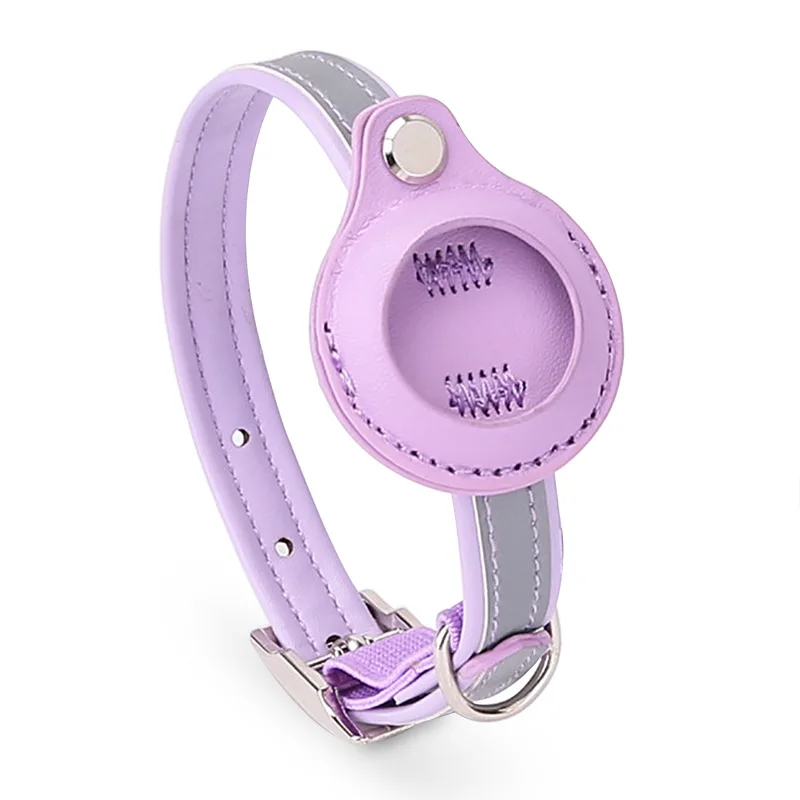 Reflective Leather Cat Collar with AirTag Holder – Purple, Adjustable XS to M