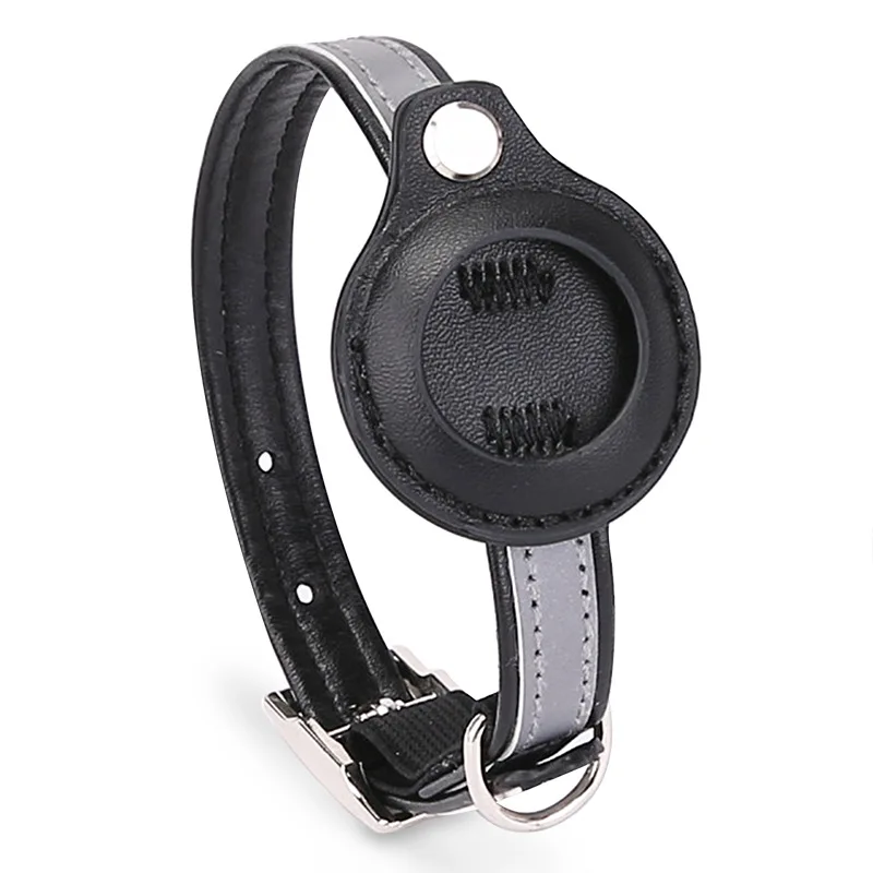 Reflective Leather Cat Collar with AirTag Holder – Black, Adjustable XS to M