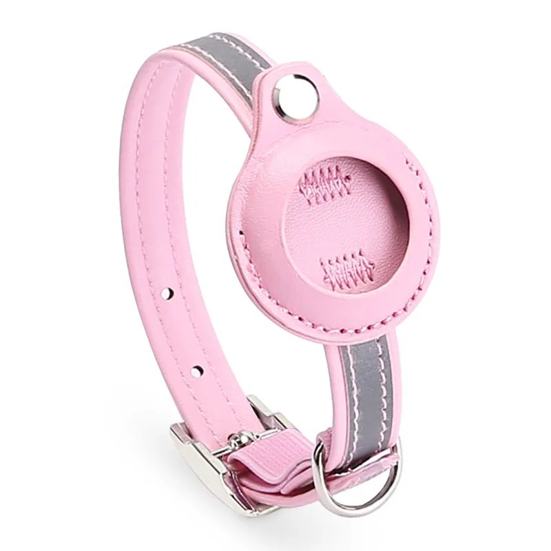 Reflective Leather Cat Collar with AirTag Holder – Pink, Adjustable XS to M