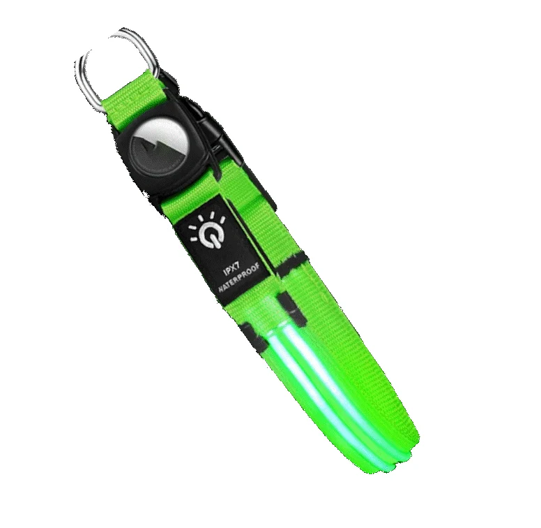 Waterproof LED Dog Collar with AirTag Pocket – Green | S, M & L