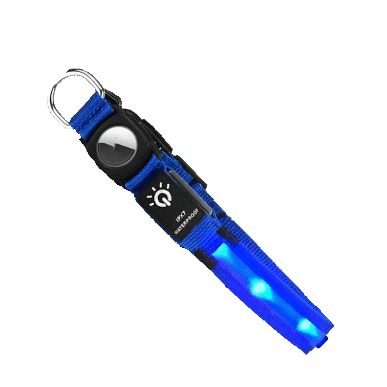 Waterproof LED Dog Collar with AirTag Pocket – Blue | S, M & L