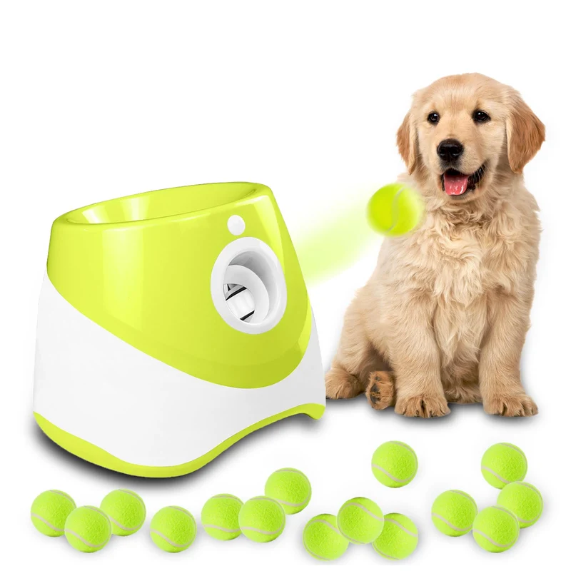 Automatic Dog Ball Launcher for Small Dogs – Light Green | 15 Mini Tennis Balls, Rechargeable