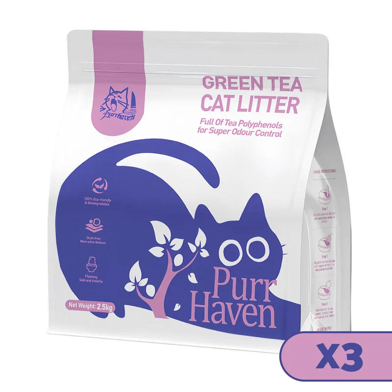 PurrHaven Green Tea Clumping Cat Litter – 7.5kg (3 Pack), Dust-Free & Odour Neutralising