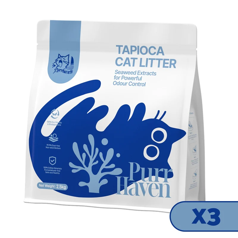 PurrHaven Tapioca Clumping Cat Litter – 7.5kg (3 Pack), Dust-Free & Eco-Friendly