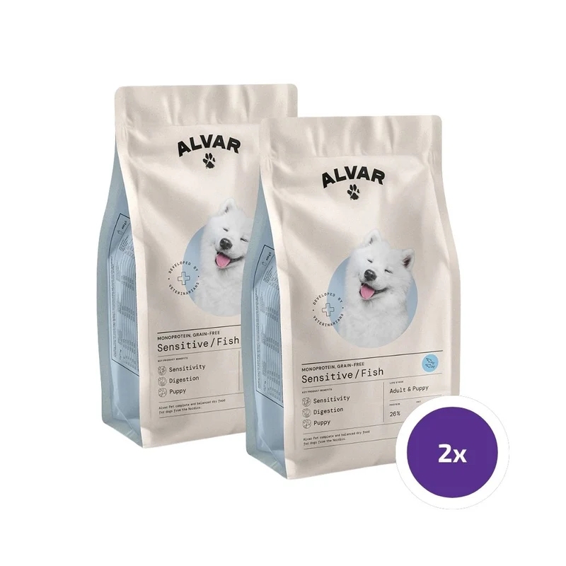 Alvar Pet Sensitive/Fish torrfoder för hundar 2 x 7 kg FLERPACK