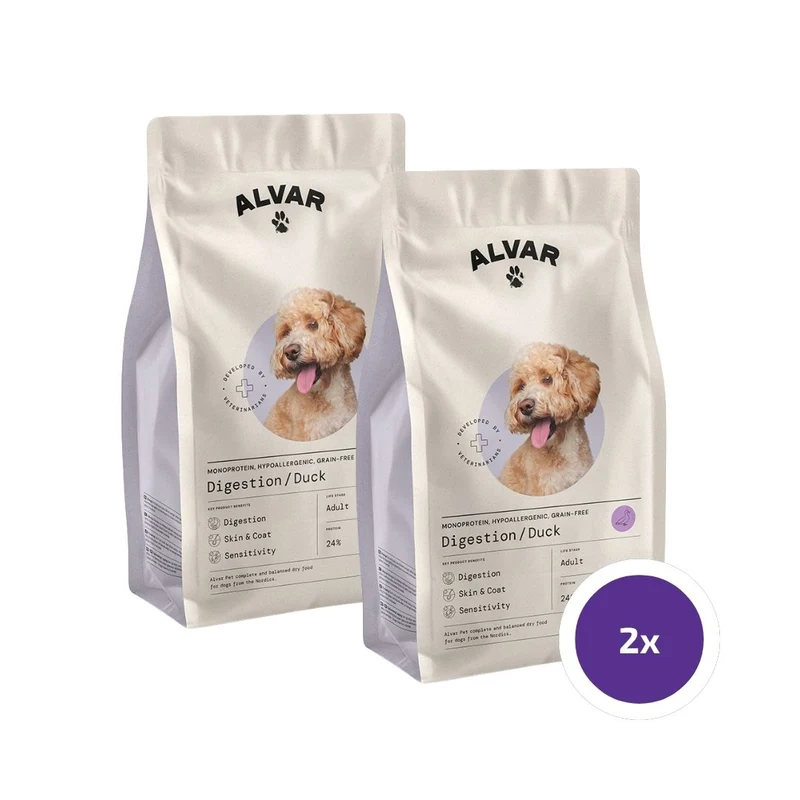 Alvar Pet Digestion/Duck torrfoder för hundar 2 x 7 kg FLERPACK