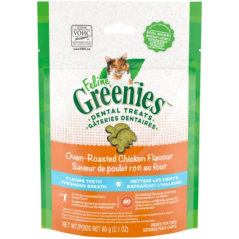 Gâteries dentaires pour chats adultes FELINE GREENIESᴹᴰ saveur de poulet rôti au four 60 g (2.1oz)