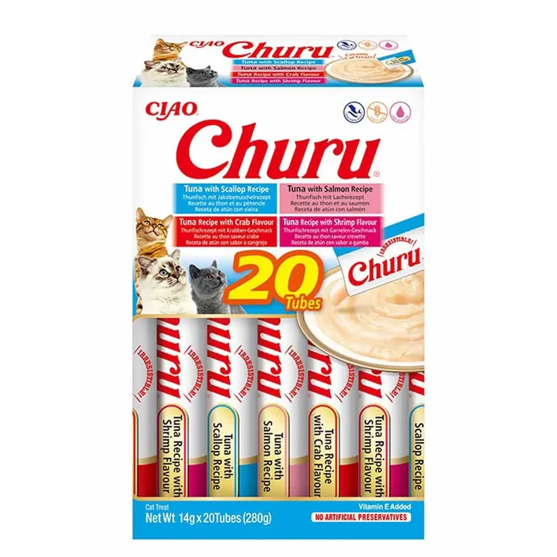 Churu Seafood Blue Puree Treat Variety för katt 20 x 14 g
