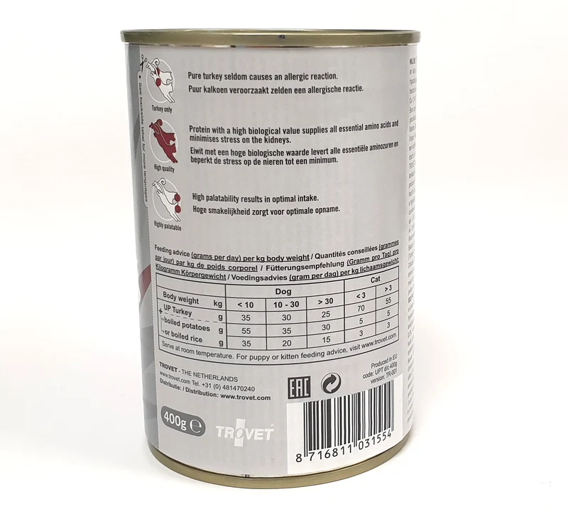 Trovet Unique Protein UPT kalkon 400 g för hundar och katter