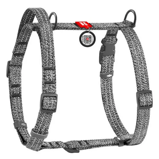 Collar WauDog Re-Cotton Szelki z rączką z regenerowanej bawełny anatomiczne w kształcie litery H, odblaskowe z QR-paszportem, plastikowy fastex, L szare