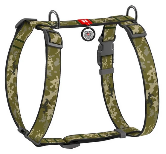 Collar WauDog Nylon Szelki nylonowe anatomiczne w kształcie litery H, z QR-paszportem, plastikowy fastex, wzór MILITARY, rozmiar M 20mm
