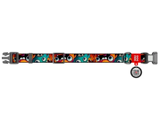 Collar WauDog Nylon Obroża nylonowa z QR-paszportem, plastikowy fastex, wzór ZĘBATE POTWORY, L 25mm/33-49cm