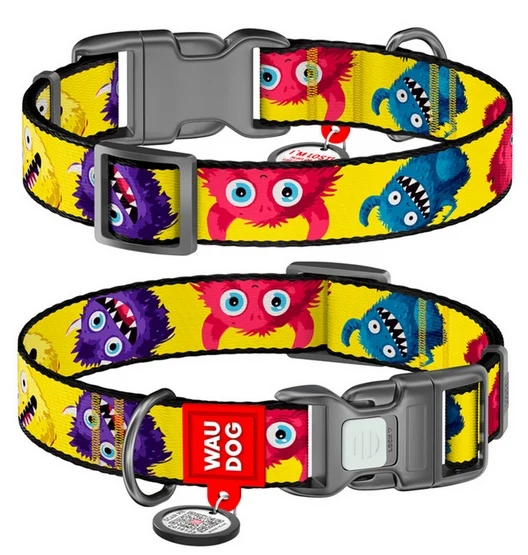 Collar WauDog Nylon Obroża nylonowa z QR-paszportem, plastikowy fastex, wzór FUTRZANE POTWORY, M 20mm/28-40cm