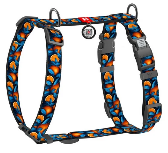 Collar WauDog Nylon Szelki nylonowe anatomiczne w kształcie litery H, z QR-paszportem, plastikowy fastex, wzór POMARAŃCZE, rozmiar M 20mm