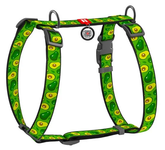 Collar WauDog Nylon Szelki nylonowe anatomiczne w kształcie litery H, z QR-paszportem, plastikowy fastex, wzór AWOKADO, rozmiar S 15mm