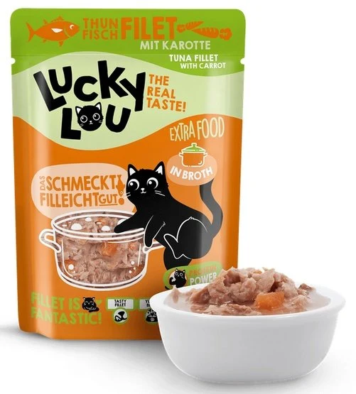 Lucky Lou Extrafood tuńczyk i marchewka w bulionie saszetka 70 g - soczysty filet w aromatycznym bulionie