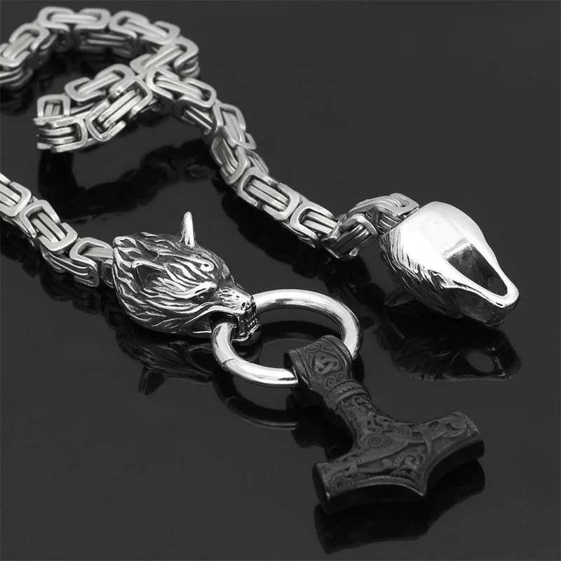 Rostfritt stål dubbelt varghuvud & Mjolnir Survival Spirit Halsband/armband