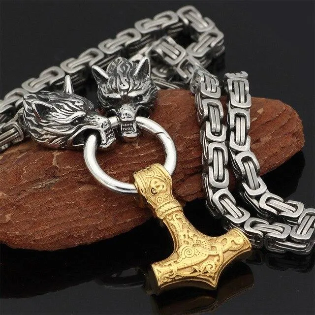 Rostfritt stål dubbelt varghuvud & Mjolnir Survival Spirit Halsband/armband