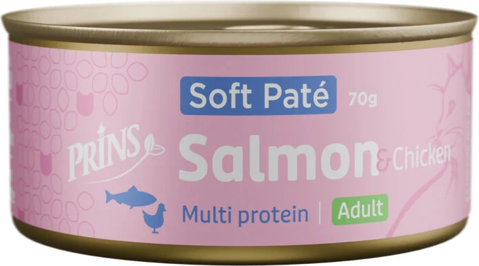 Prins Soft Paté Lax & Kyckling – Spannmålsfritt naturligt kattfoder med lax och kyckling (24x70g)