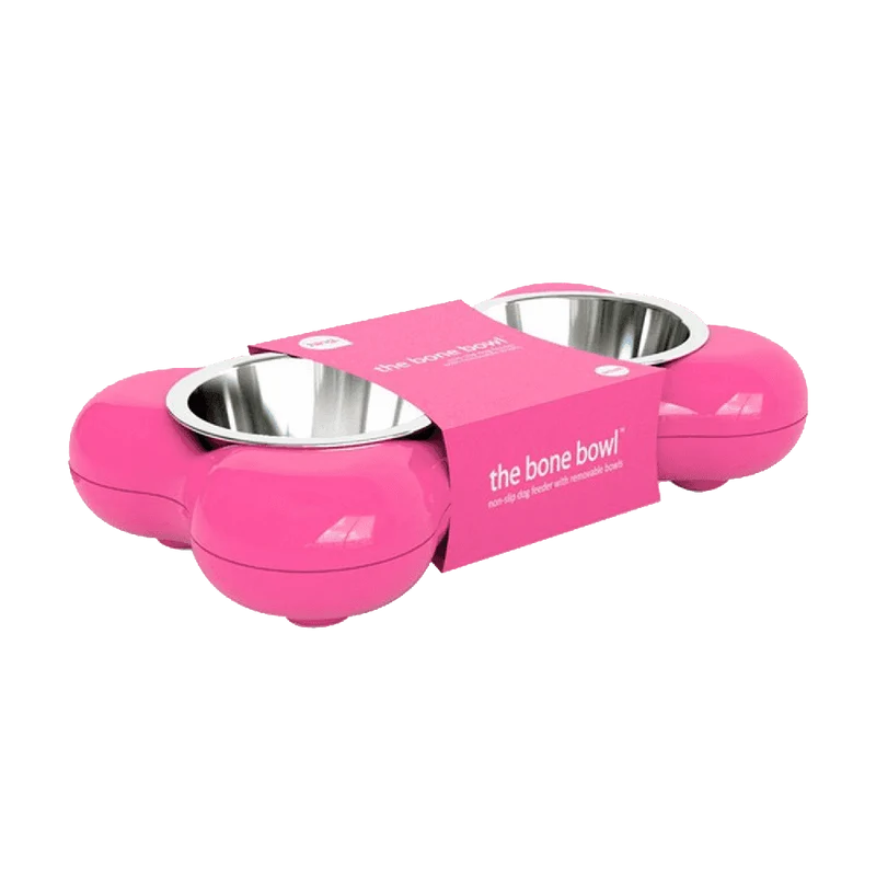 Hing Designs The Bone Bowl with Non Slip Rubber Feet and Dishwasher Safe Removable Stainless Steel Bowls, Pink