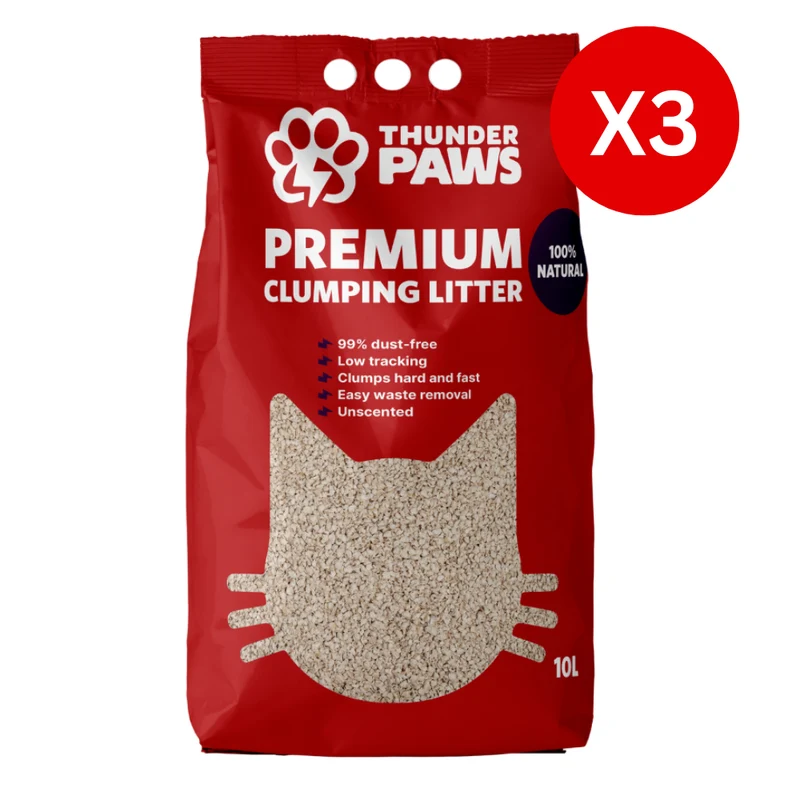 Thunder Paws Premium Hard Clumping Unscented Clay Cat Litter 10L - Pack of 3