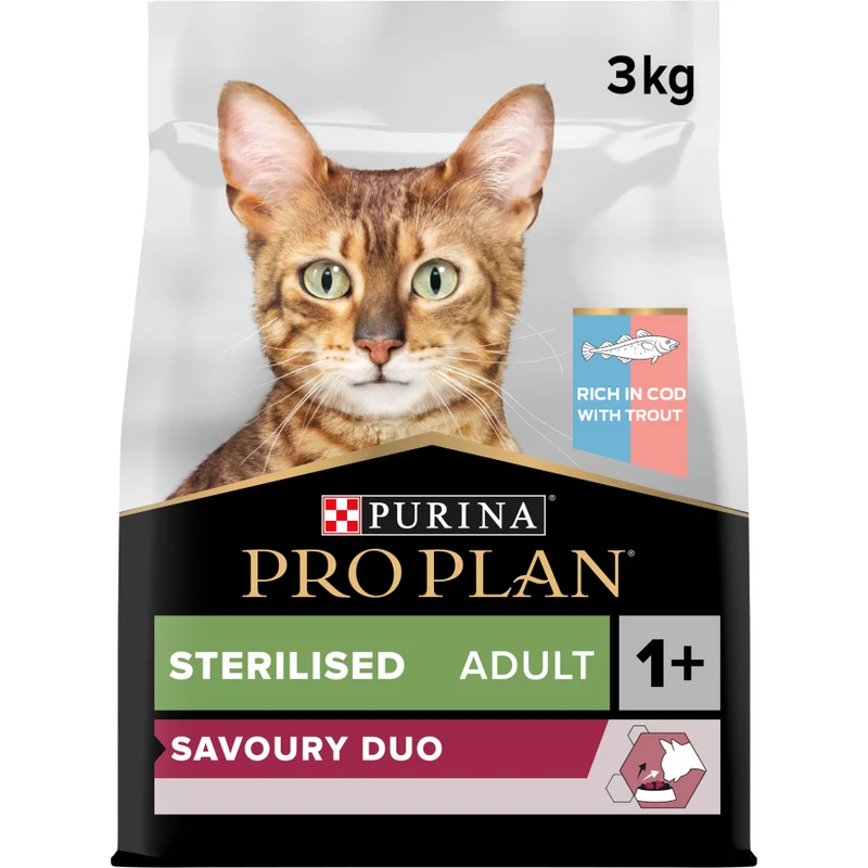 PURINA Pro Plan Sterilised Savory Duo Cod&Trout Adult Dry Cat Food 3KG