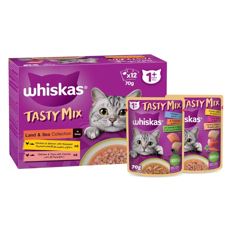 Whiskas 1+ Years Tasty Mix Land & Sea Collection Adult Wet Cat Food In Gravy 12X70G